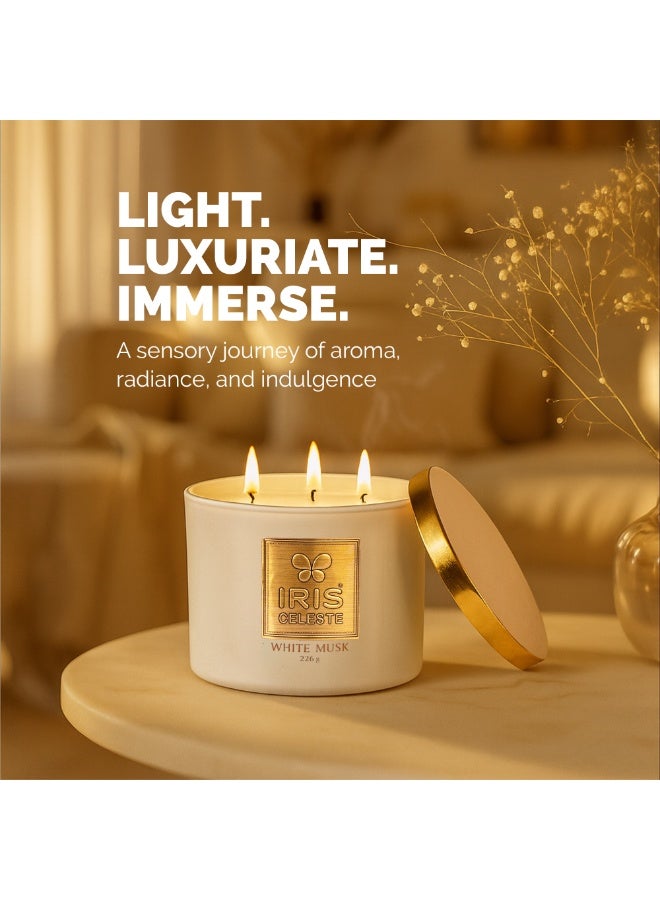 IRIS CELESTE White Musk Jar Candle with lid - 226grams, 3 Wick Scented Candle 8oz | Soft Musky Fragrance | Perfect for Festivites & Gifting, Ceremonies, Meditation & Room Perfuming - Image 1